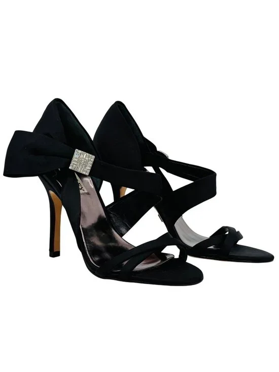 Badgley Mischka Black Satin Rhinestone Bow Heels 6 | dOrsay Formal Evening Shoes - Picture 16 of 16